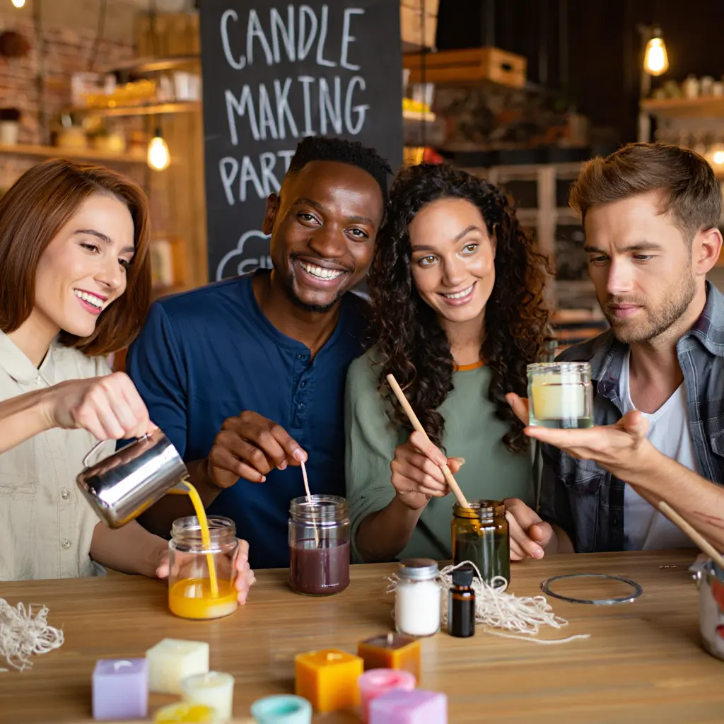 Group of friends enjoying a candle making workshop party